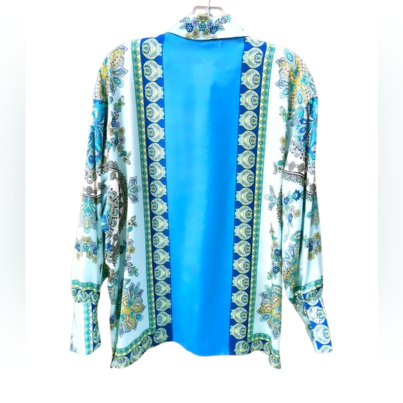 Zara Silky Satin Turquoise Floral Paisley Print Button-down Blouse women's XS - Picture 3 of 9